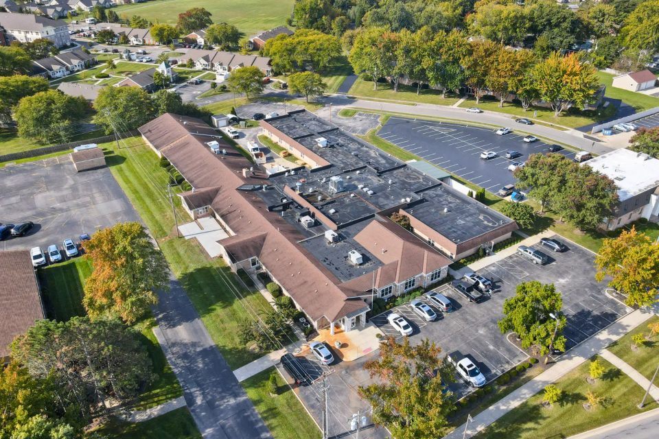 Arista Recovery Ohio: Aerial drone view of the standalone Hilliard residential campus at 5471 Scioto Darby Road