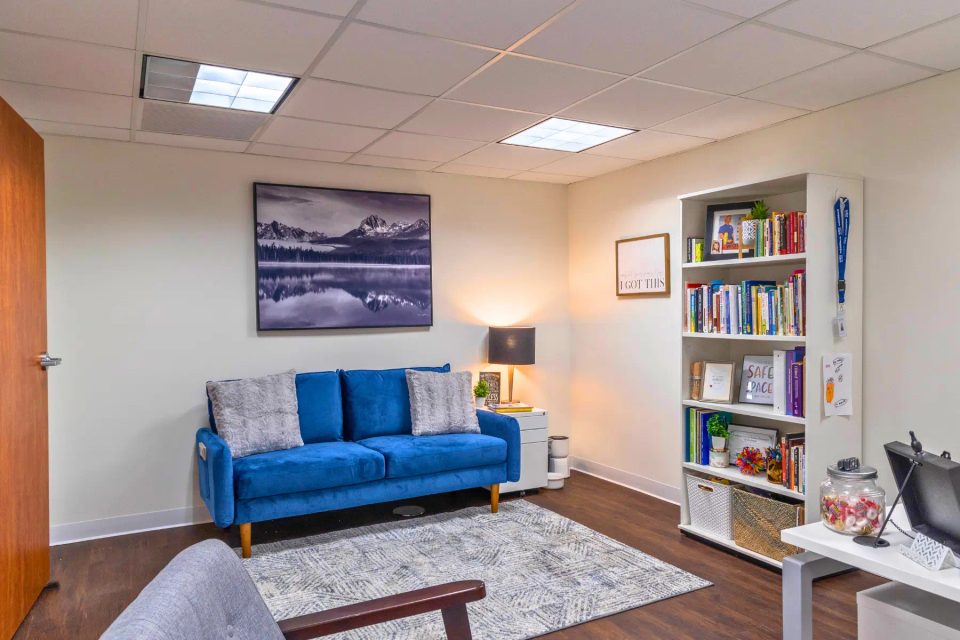Arista Recovery Ohio: Individual and family therapy room with blue sofa and bookshelves