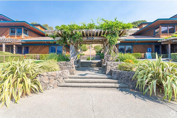 Golden Gate Recovery: Landscaped stone steps and 505 San Marin Drive entrance arbor in Marin County
